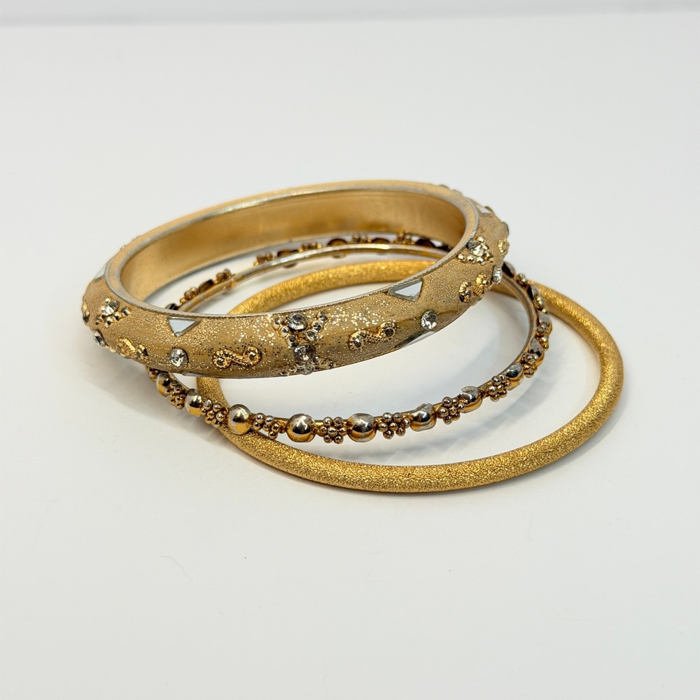 Luxe Gold Boho Bangles Rhinestone Glitter Textured Stackable Bracelets 3pc Set - Picture 2 of 9